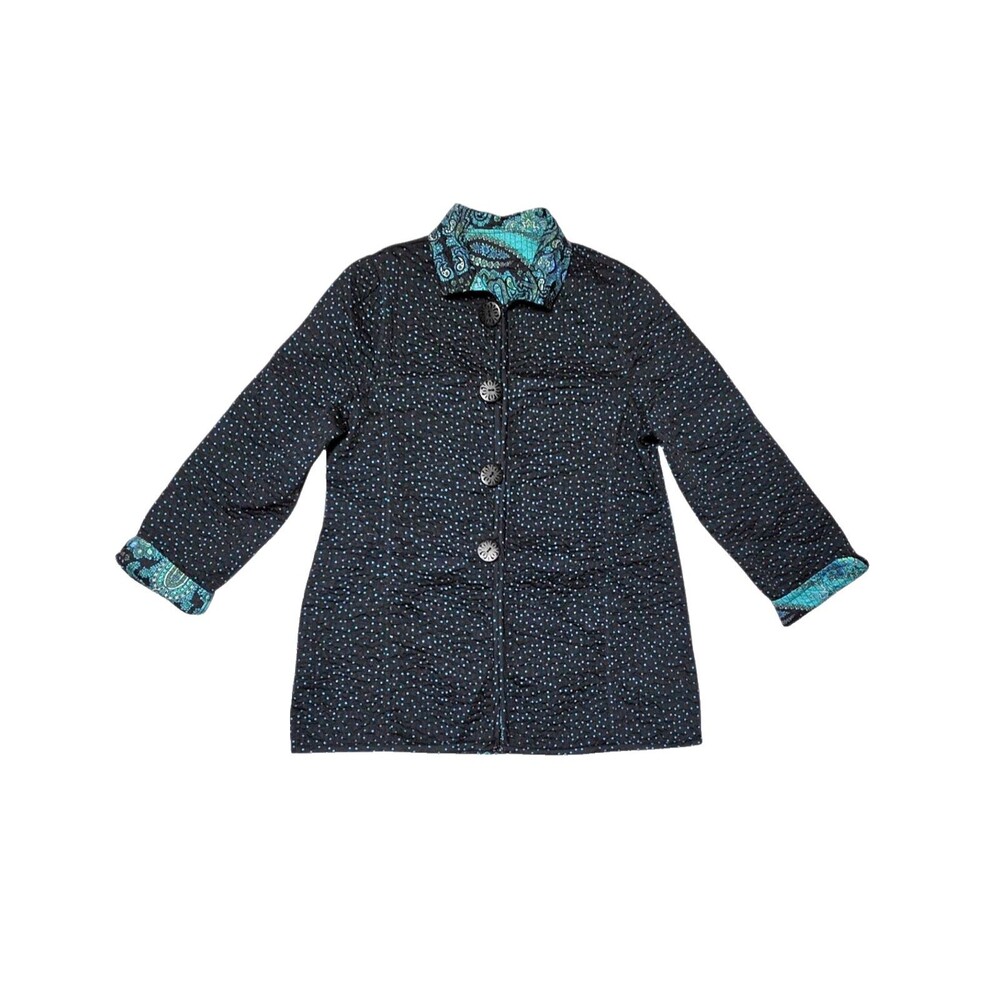 PATTY KIM Women's Jacket Blue Multi Paisley Polka Dot Reversible Sz Large Coat - Picture 11 of 12